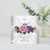 Girl First Holy Communion White Silver Pink Lila Einladung (Stehend Vorderseite)