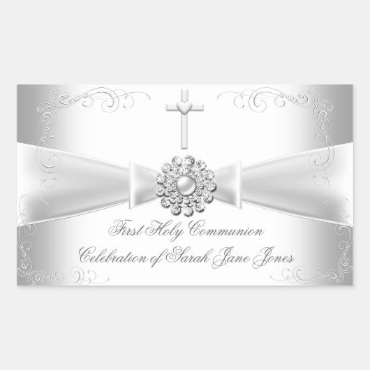 Girl First Holy Communion White Silver Rechteckiger Aufkleber (Vorderseite)