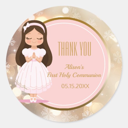 Girl First Holy Communion Winter Pink Gold Bokeh Runder Aufkleber (Vorderseite)