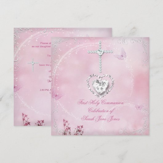 Girl First Holy Communy Weißrosa Schmetterling Einladung (Vorne/Hinten)