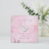 Girl First Holy Communy Weißrosa Schmetterling Einladung (Stehend Vorderseite)