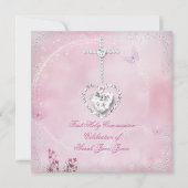 Girl First Holy Communy Weißrosa Schmetterling Einladung (Vorderseite)
