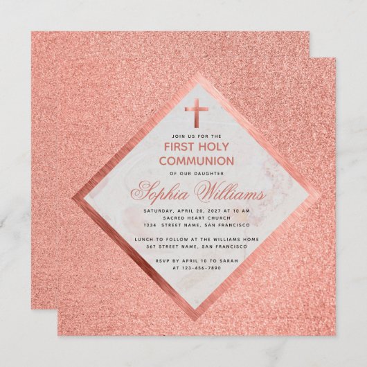 Girl First Kommune Rose Gold Marmor Rosa Glitzer Einladung (Vorne/Hinten)