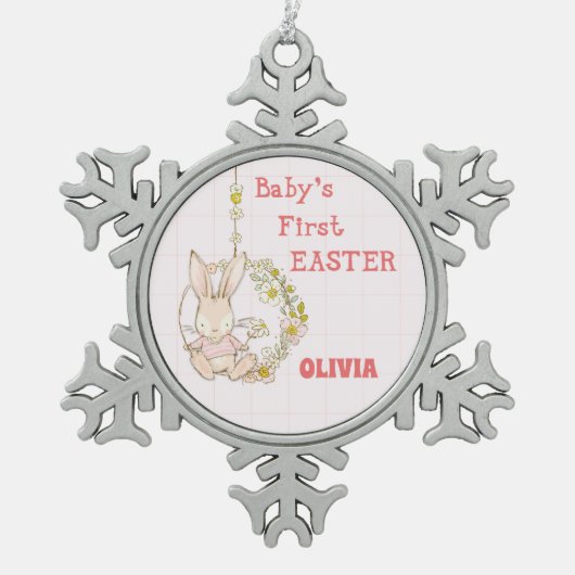 Girl First Oaster Bunny auf Blume Swing Schneeflocken Zinn-Ornament (Vorderseite)
