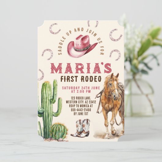Girl First Rodeo Horse Cowboy Hat stimuliert Gebur Einladung (Stehend Vorderseite)