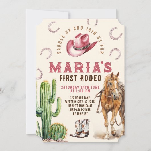 Girl First Rodeo Horse Cowboy Hat stimuliert Gebur Einladung (Vorderseite)