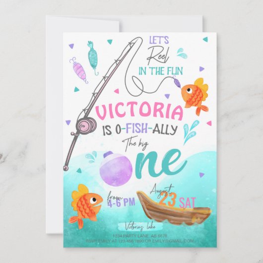 Girl Fishing 1. Geburtstag Einladung (Vorderseite)