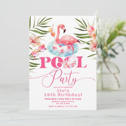 Girl Flamingo Pool Party Geburtstag Einladung (Stehend Vorderseite)