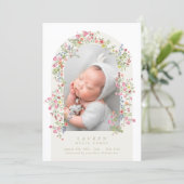 girl floral arch photo custom text baby birth ankündigung (Stehend Vorderseite)