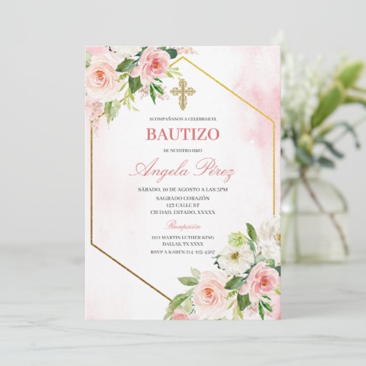 Girl Floral Bautizo Spanisch Einladung (Stehend Vorderseite)