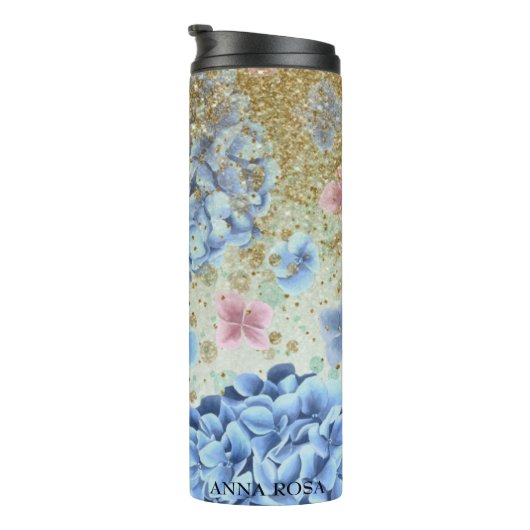 *~* Girl-Floral Blue Pink Hydrangea-Glitzer Thermosbecher (Nach rechts gedreht)