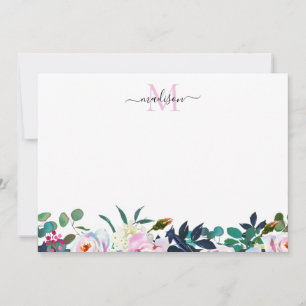 Girl Floral Blush Pink Botanisches Monogramm Mitteilungskarte