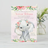 Girl Floral Elephant Baby Dusche Einladung (Stehend Vorderseite)