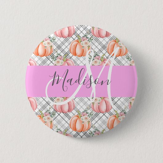 Girl Floral Grau Pink Peach Pumpkin Monogram Name Button (Vorderseite)