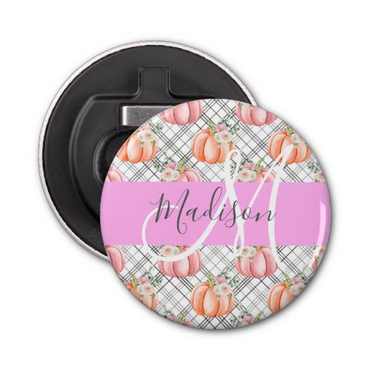 Girl Floral Grau Pink Peach Pumpkin Monogram Name Flaschenöffner (Vorderseite)