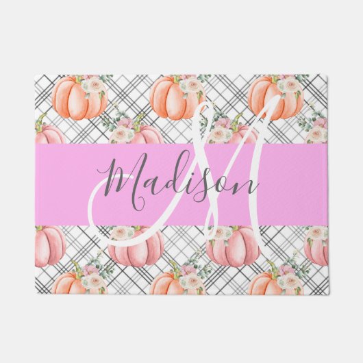 Girl Floral Grau Pink Peach Pumpkin Monogram Name Fußmatte (Vorderseite)