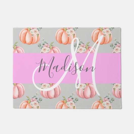 Girl Floral Grau Pink Peach Pumpkin Monogram Name Fußmatte (Vorderseite)