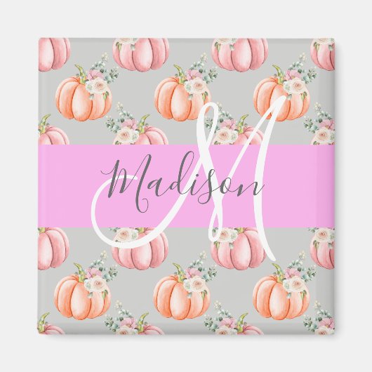 Girl Floral Grau Pink Peach Pumpkin Monogram Name Magnet (Vorne)