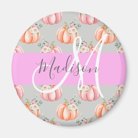Girl Floral Grau Pink Peach Pumpkin Monogram Name Magnet (Vorne)