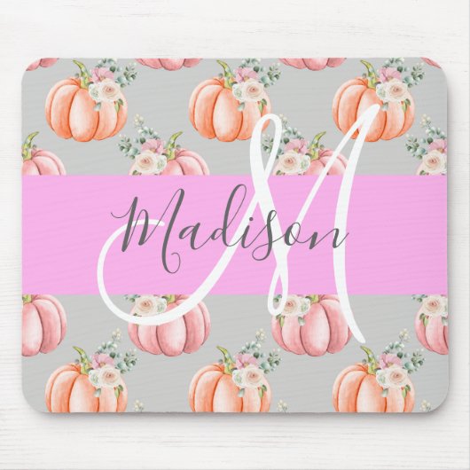 Girl Floral Grau Pink Peach Pumpkin Monogram Name Mousepad (Vorne)