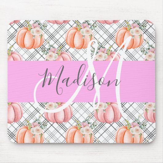 Girl Floral Grau Pink Peach Pumpkin Monogram Name Mousepad (Vorne)
