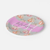 Girl Floral Grau Pink Peach Pumpkin Monogram Name Pappteller (Schrägansicht)