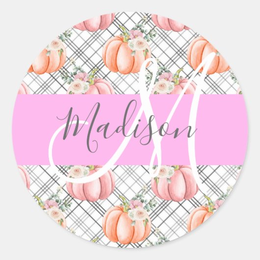 Girl Floral Grau Pink Peach Pumpkin Monogram Name Runder Aufkleber (Vorderseite)