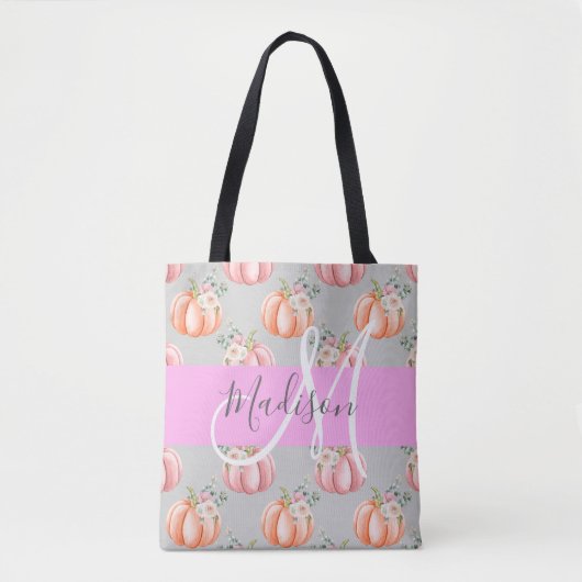 Girl Floral Grau Pink Peach Pumpkin Monogram Name Tasche (Vorderseite)