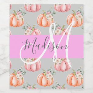 Girl Floral Grau Pink Peach Pumpkin Monogram Name Weinetikett