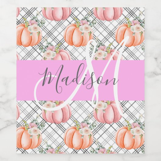 Girl Floral Grau Pink Peach Pumpkin Monogram Name Weinetikett (Einzelnes Label)