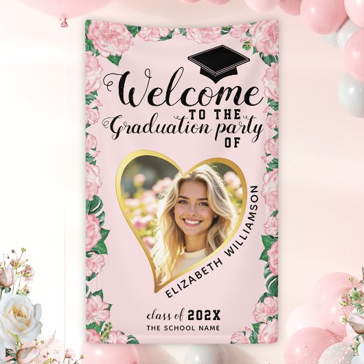 Girl Floral Pink Abschluss Custom Foto Willkommen Banner