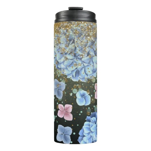 *~* Girl-Floral Pink Blue Hydrangea Glitzer Thermosbecher (Vorderseite)