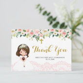 Girl Floral Pink Erste Kommune Danke Karte (Stehend Vorderseite)