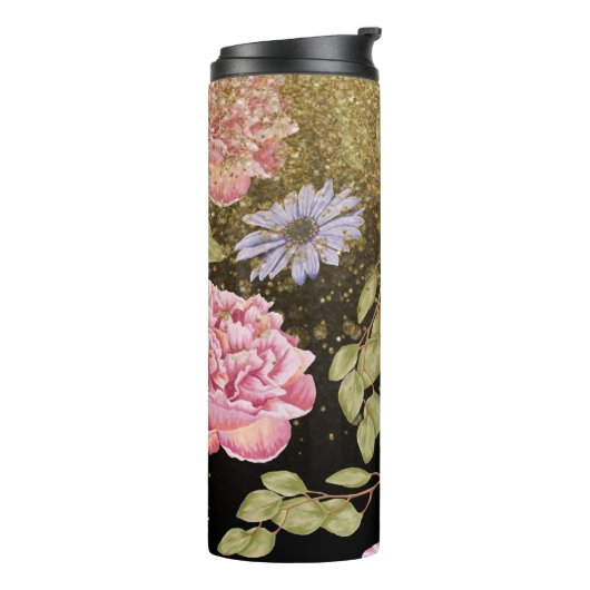 *~* Girl Floral Pink Roses Blue Daisy Glitzer Thermosbecher (Nach links gedreht)
