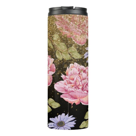 *~* Girl Floral Pink Roses Blue Daisy Glitzer Thermosbecher (Rückseite)