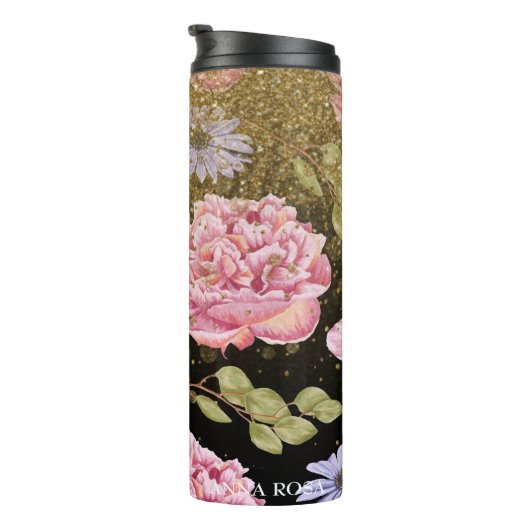 *~* Girl Floral Pink Roses Blue Daisy Glitzer Thermosbecher (Nach rechts gedreht)