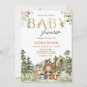 Girl Floral Woodland Animals Baby Einladung (Vorderseite)