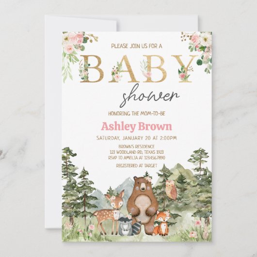 Girl Floral Woodland Animals Baby Einladung (Vorderseite)