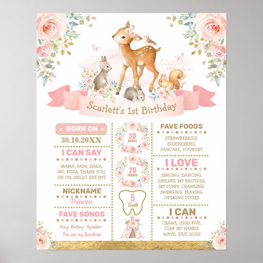 Girl Floral Woodland Deer Birthday Chalkboard Poster (Vorne)