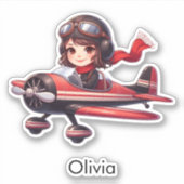 Girl Flying Airplane cute cartoon Personalized Aufkleber (Vorderseite)