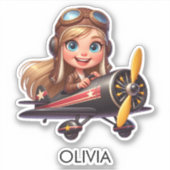 Girl Flying Airplane cute cartoon Personalized Aufkleber (Vorderseite)
