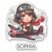 Girl Flying Airplane Cute Girly Kids Personalized Aufkleber (Vorderseite)