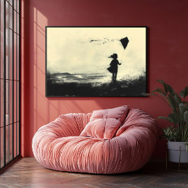 Girl Flying Kite on the Shore at Dusk - Kohle Poster