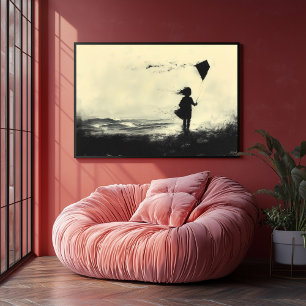 Girl Flying Kite on the Shore at Dusk - Kohle Poster