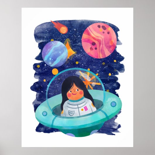 Girl Flying Sauser Astronaut Weltraumplaneten Poster (Vorne)