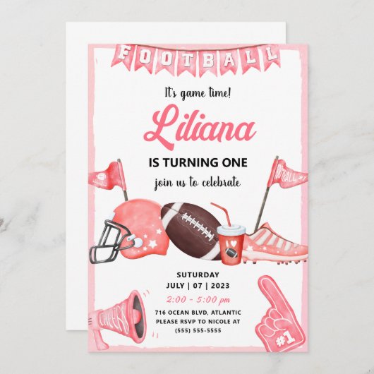 Girl Football Ball Erster Geburtstag Einladung (Vorne/Hinten)