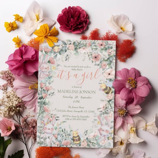 Girl Forest Animals Pink Floral QRcode Kinderdusch Einladung