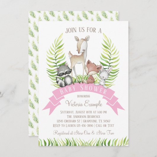 Girl Forest Woodland Greenery Kinderdusche Einladung (Vorne/Hinten)
