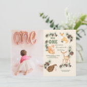 Girl Foto Woodland Animals 1. Geburtstag Einladung (Stehend Vorderseite)