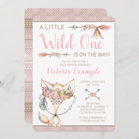 Girl Fox Wild One Baby Shower Einladungen (Vorne/Hinten)